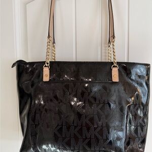Women’s Michael Kors Patent leather MK Logo Tote Bag Handbag Black Gold Retro